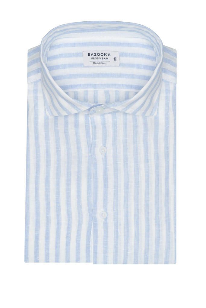 White Striped Light Blue Linen Shirt by Bazooka - BAZOOKA 