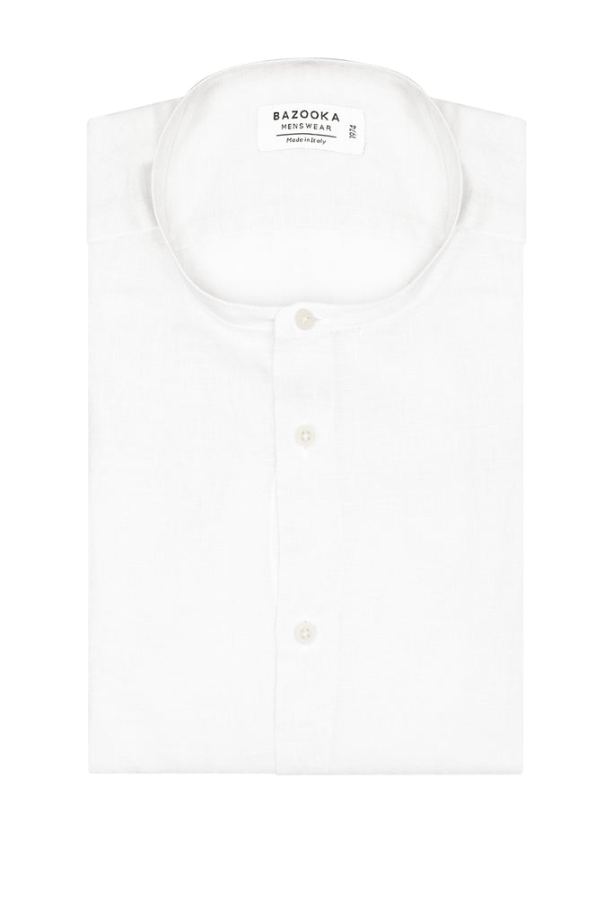 White Korean Neck Linen Shirt by Bazooka - BAZOOKA 