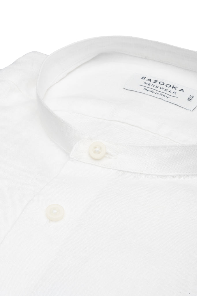 White Korean Neck Linen Shirt by Bazooka - BAZOOKA 