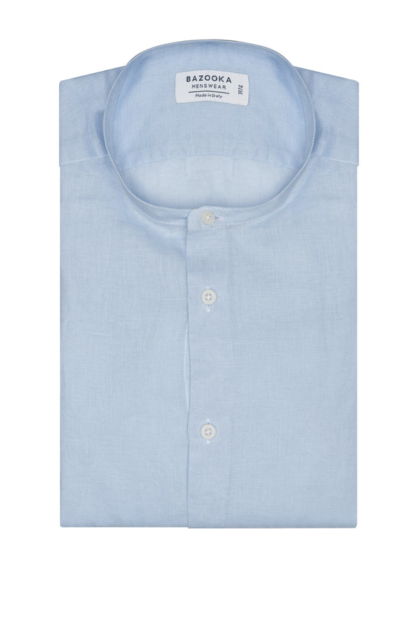 Light Blue Korean Neck Linen Shirt by Bazooka - BAZOOKA 