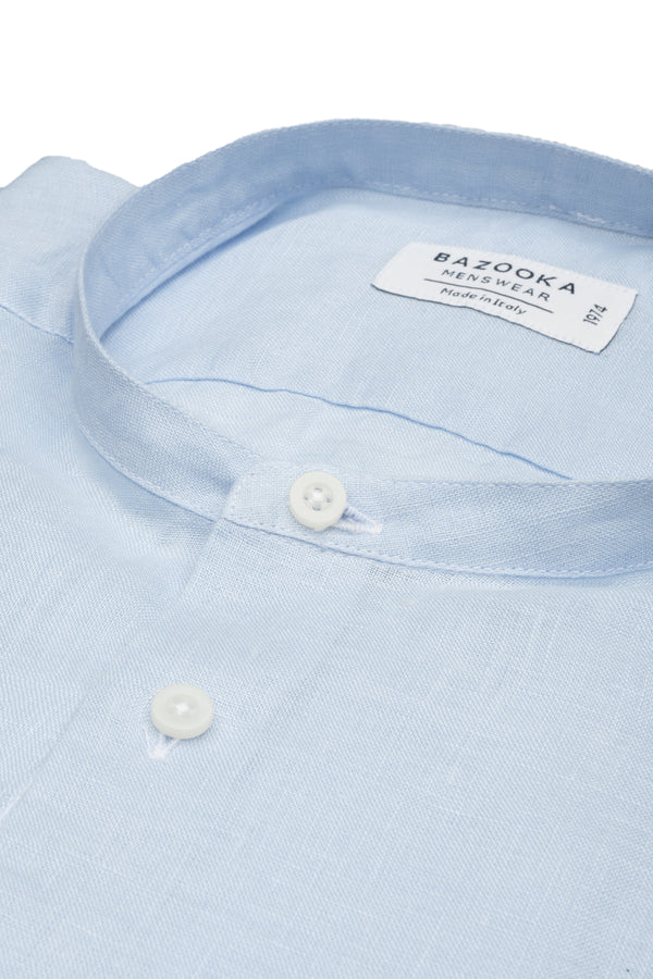 Light Blue Korean Neck Linen Shirt by Bazooka - BAZOOKA 