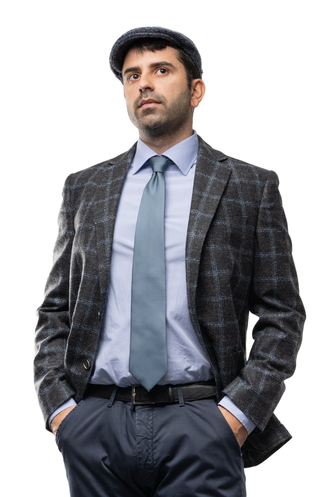 Grey/Light Blue Windowpane Wool Blazer - BAZOOKA 