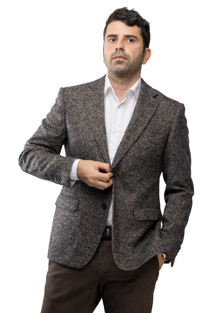 Blue/Brown Herringbone Wool Blazer - BAZOOKA 