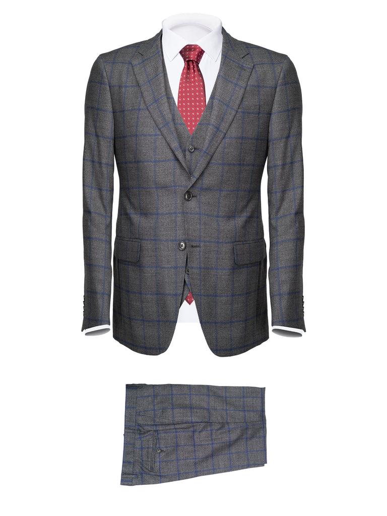 Grey/Blue Windowpane Cerruti 3 piece CoolWool Suit - BAZOOKA 