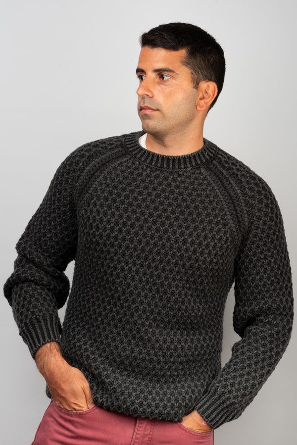 Aran Grey Wool Crewneck Sweater - BAZOOKA 