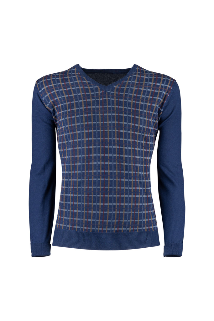 Blue "Cross" Merino V-Neck Sweater - BAZOOKA 