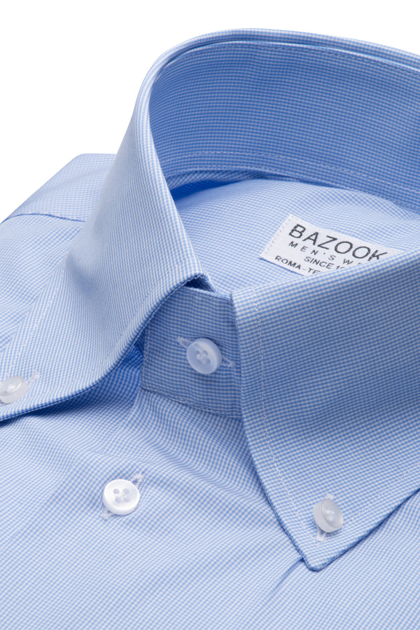 Light Blue Micro Checked Botton Down Shirt by Bazooka - BAZOOKA 
