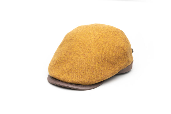 Ochre Shetland Flat Cap with Brown Leatherette - BAZOOKA 