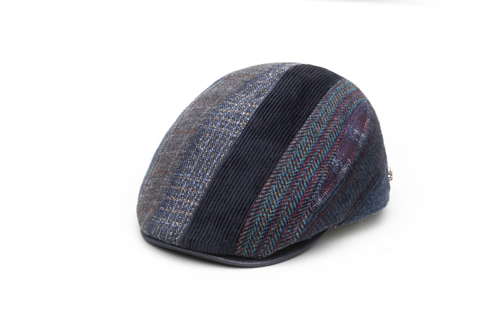 Vertical Blue Patchwork Flat Cap in Wool - BAZOOKA 