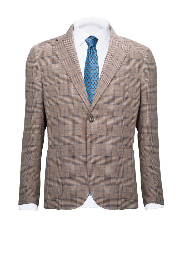 Beige/ Brown Prince of wales Linen & Cotton Blazer - BAZOOKA 