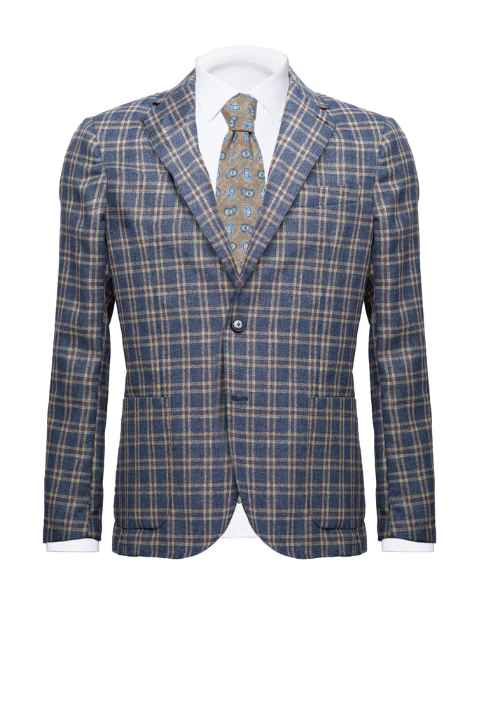 Blue Checked with Beige Linen & Cotton Blazer - BAZOOKA 