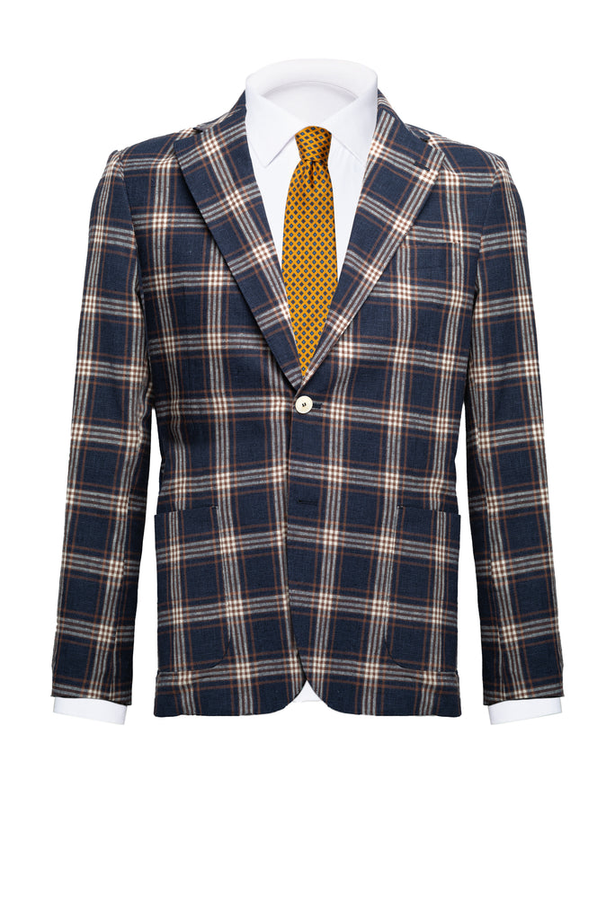 Blue/Beige Checked Prince of Wales Linen Blazer - BAZOOKA 