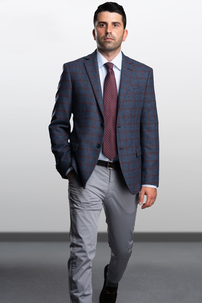 Blue Pied de poule Wool Blazer with Burgundy Windowpane - BAZOOKA 