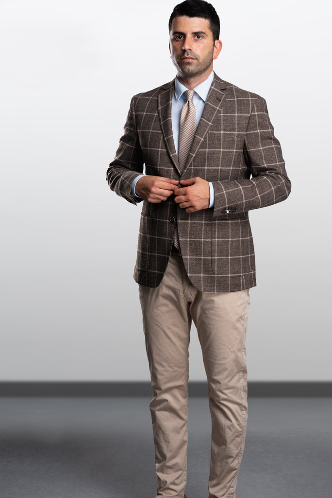 Brown Wool Blazer with Beige Windowpane - BAZOOKA 