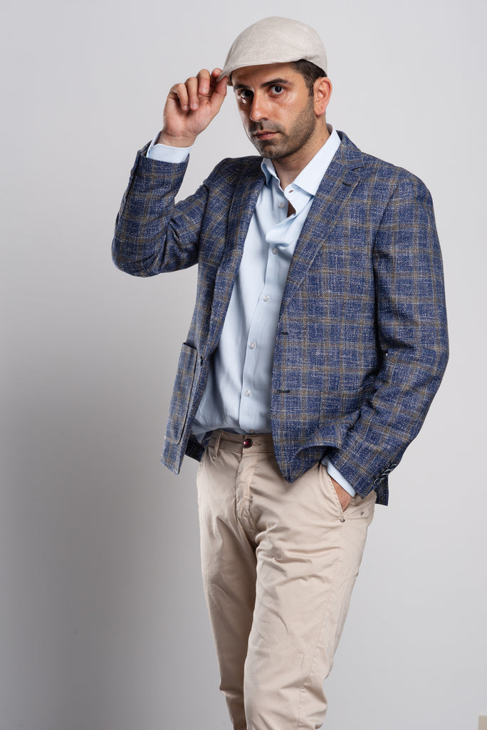 Blue with Green Windowpane Cotton Blazer - BAZOOKA 