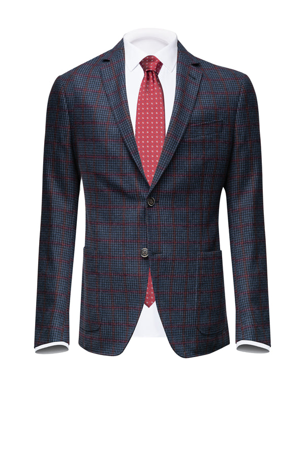 Blue Pied de poule Wool Blazer with Burgundy Windowpane - BAZOOKA 