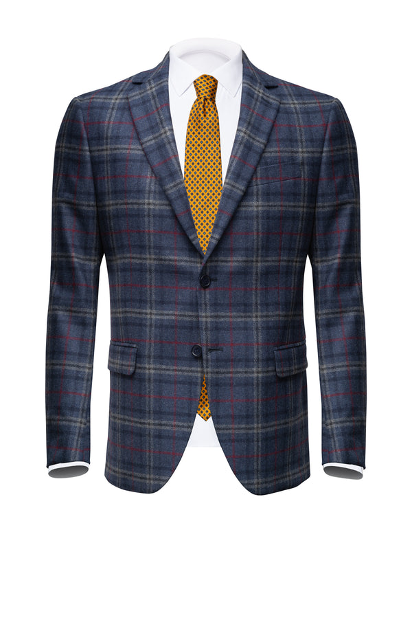 Blue Wool Blazer with Burgundy Windowpane - BAZOOKA 