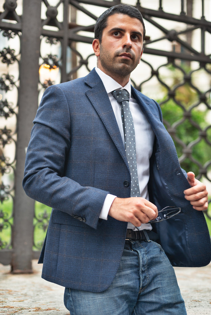 Blue/Grey Windowpane Jacket by Tollegno - BAZOOKA 