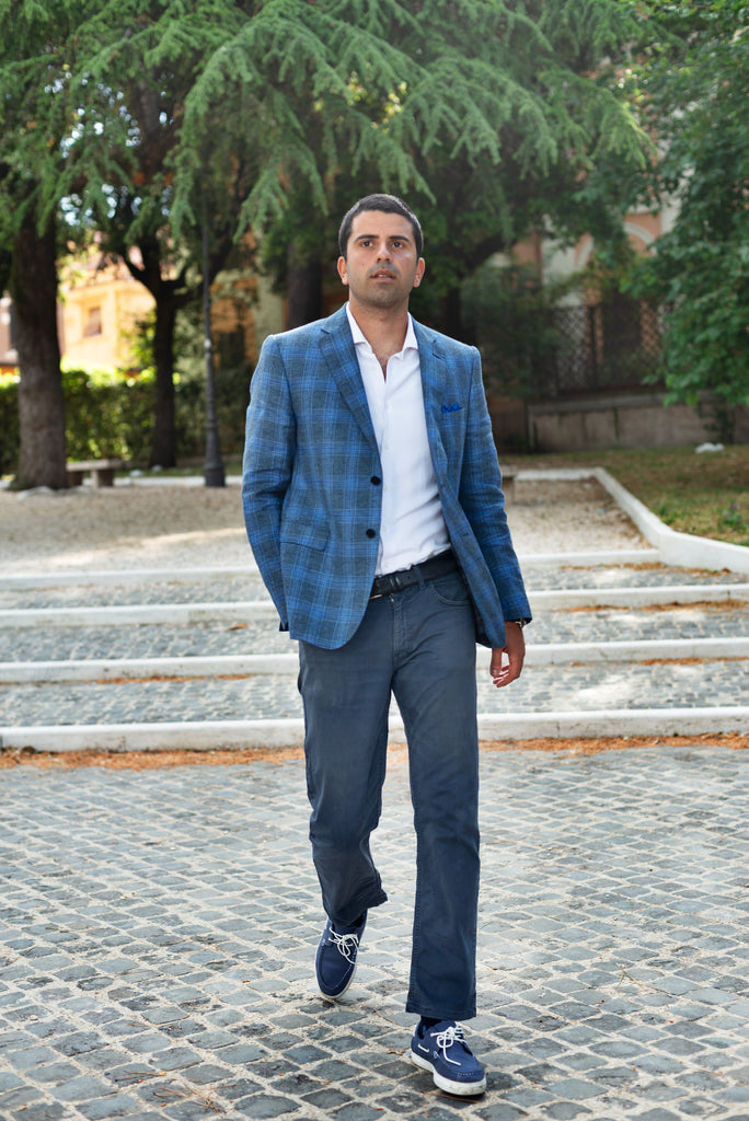 Light Blue Prince of Wales Jacket by Bottoli - BAZOOKA 