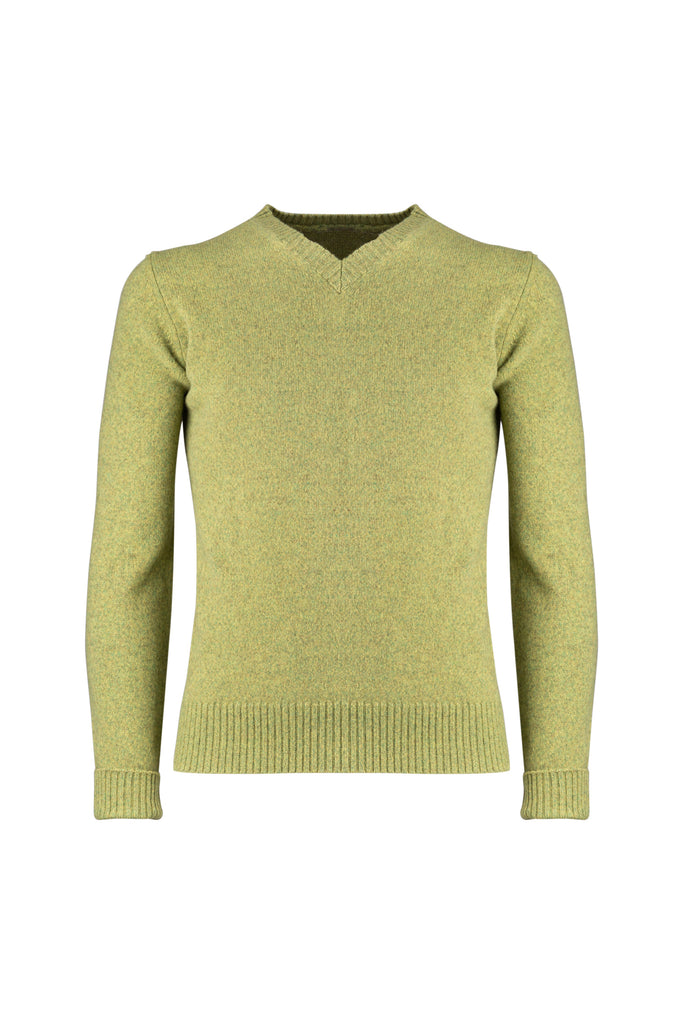 Green Wool V-neck Sweater - BAZOOKA 