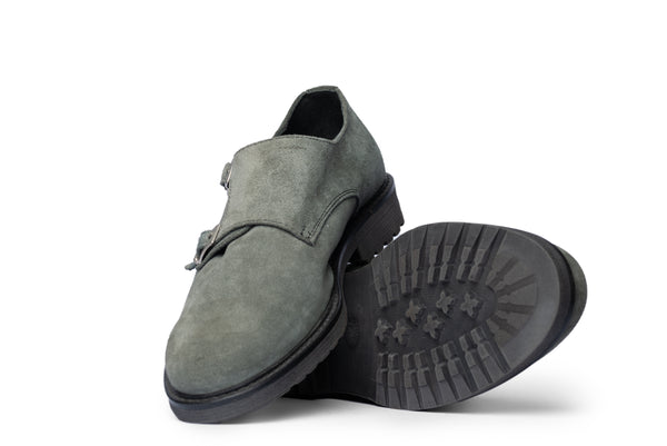 Grey Suede Double Monk Strap Shoes - BAZOOKA 