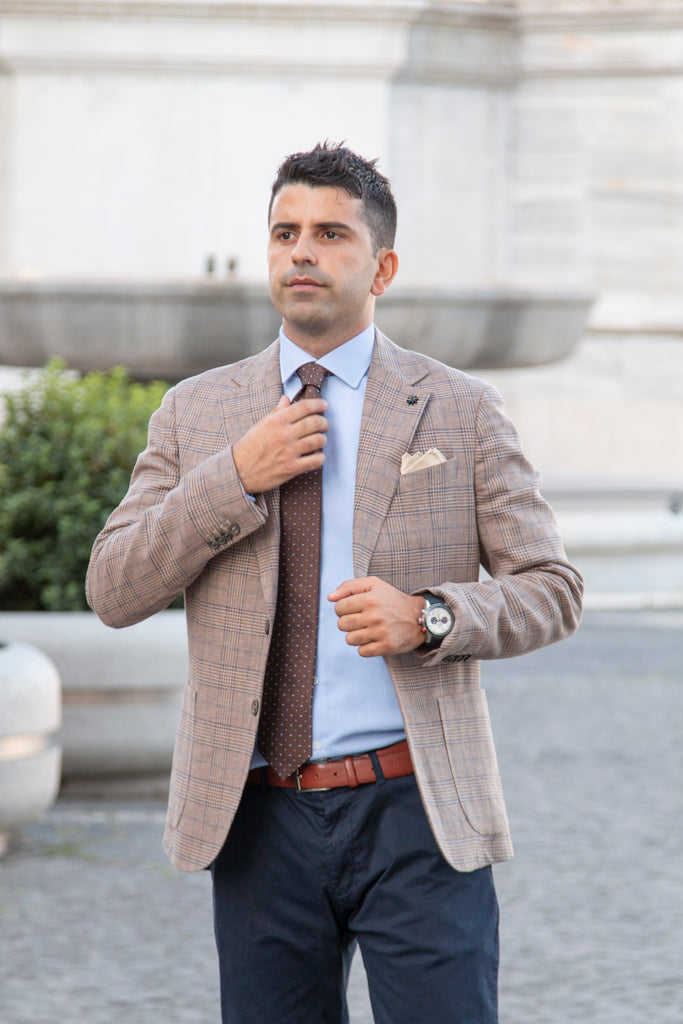 Beige/ Brown Prince of wales Linen & Cotton Blazer - BAZOOKA 