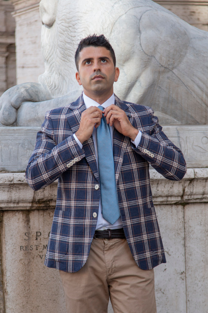 Blue/Beige Checked Prince of Wales Linen Blazer - BAZOOKA 