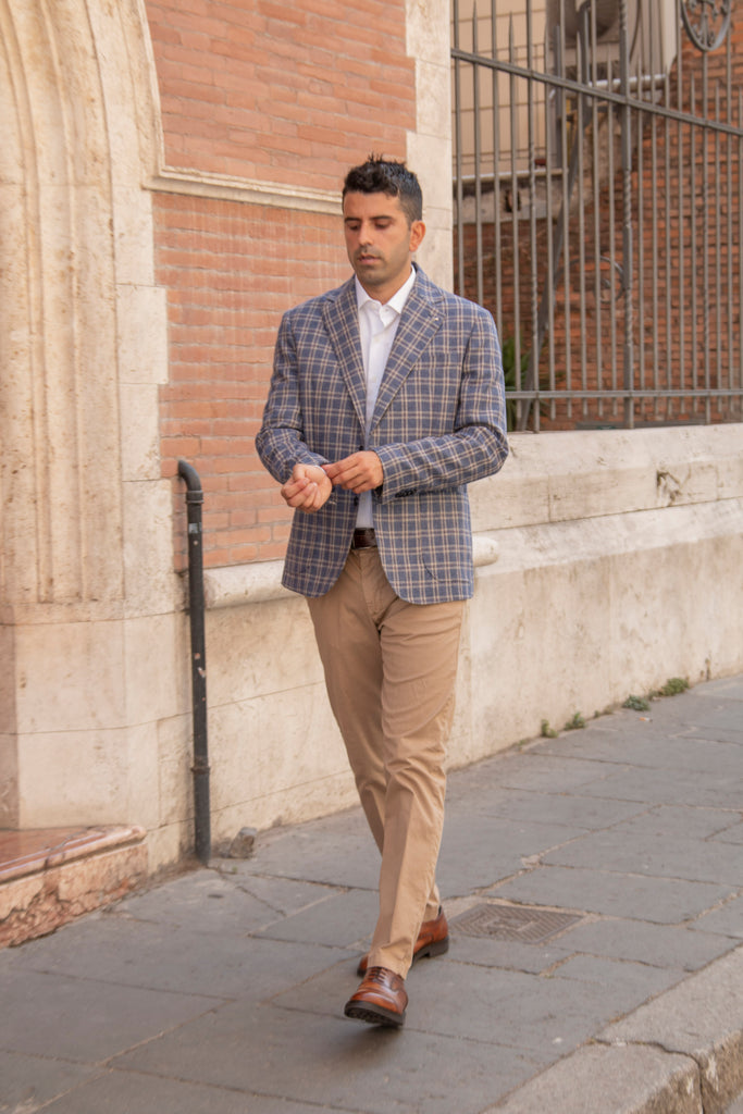 Blue Checked with Beige Linen & Cotton Blazer - BAZOOKA 