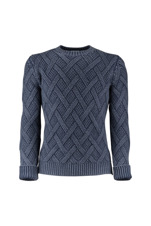 Aran Blue Wool Crewneck Sweater - BAZOOKA 