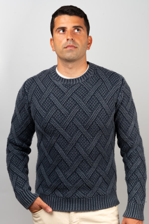 Aran Blue Wool Crewneck Sweater - BAZOOKA 