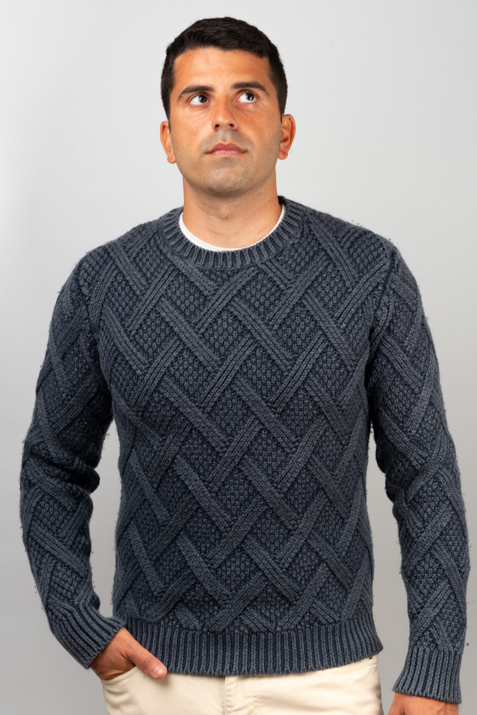 Aran Blue Wool Crewneck Sweater - BAZOOKA 