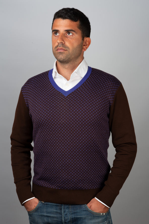 Brown/violet Wool V-neck Sweater - BAZOOKA 