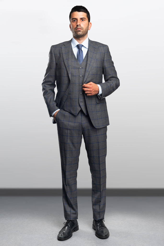 Grey/Blue Windowpane 3 Piece Cool Wool Suit by Cerruti - BAZOOKA 