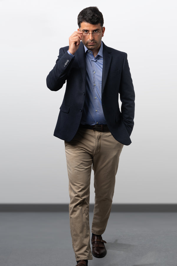 Navy Wool Fishbone Blazer - BAZOOKA 