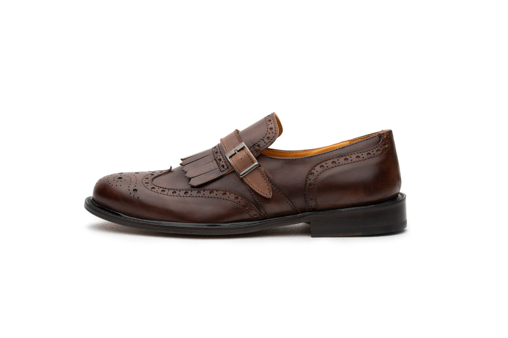 Brown Full Grain Leather Kiltie Monkstrap - BAZOOKA 