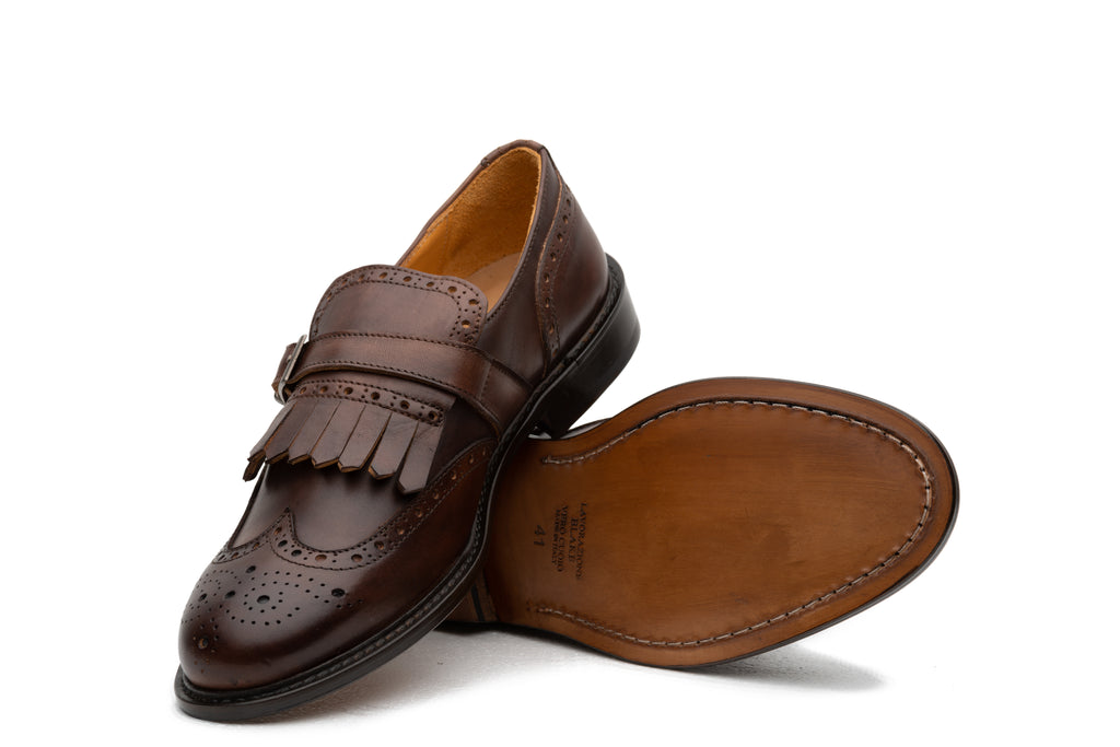 Brown Full Grain Leather Kiltie Monkstrap - BAZOOKA 